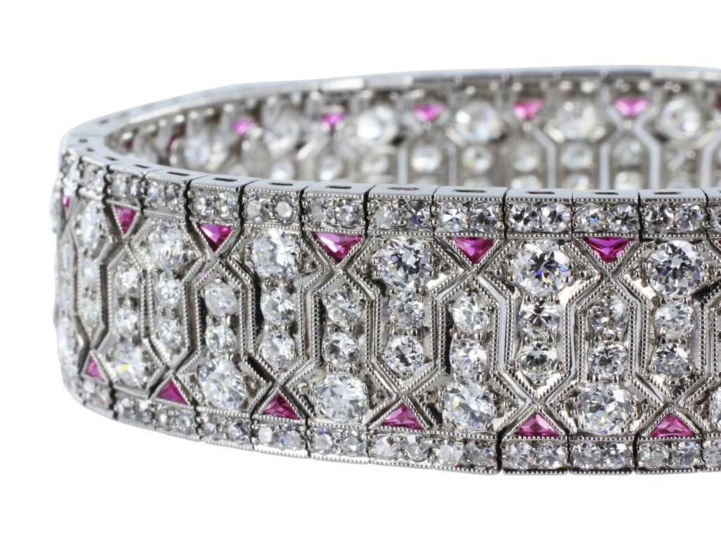 Art Deco platinum bracelet consisting of approximately 25 carats of Old European cut diamonds and approximately 2.70 carats of calibre cut rubies.