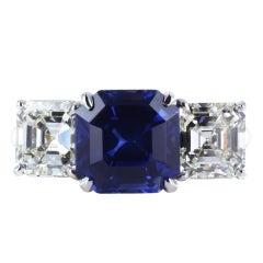 3.94ct Asscher Cut Sapphire & Diamond Three Stone Ring