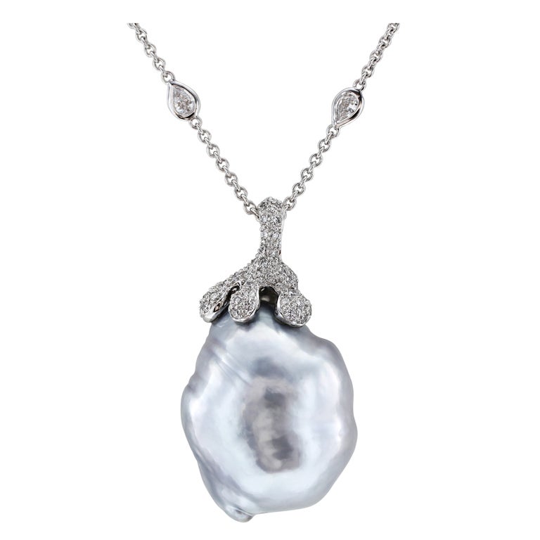 Baroque Pearl & Diamond Pendant For Sale