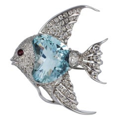 Aquamarine Ruby Diamond Gold Fish Pin 1