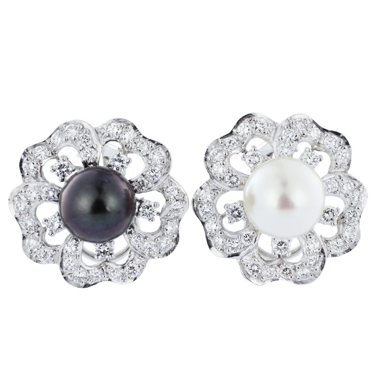 Interchangeable Pearl and DIamond Earrings at 1stdibs