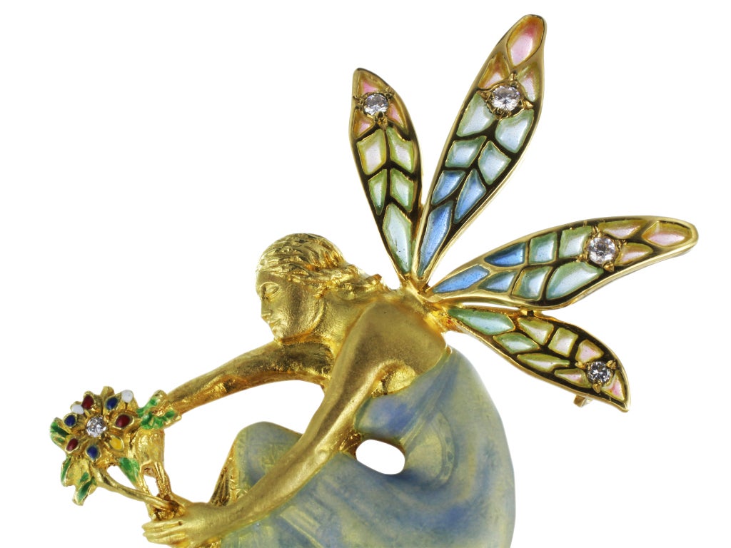 Estate 18 karat yellow gold, Plique a Jour, enamel, diamond and pearl pendant with pin option depicting an intricately designed fairy and stamped with the makers mark for Masriera.