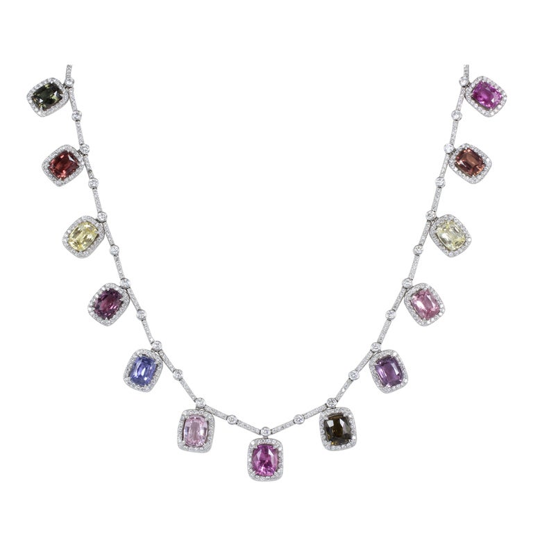 40.69 Carat Multi-Colored Sapphire And Diamond Necklace For Sale at 1stdibs