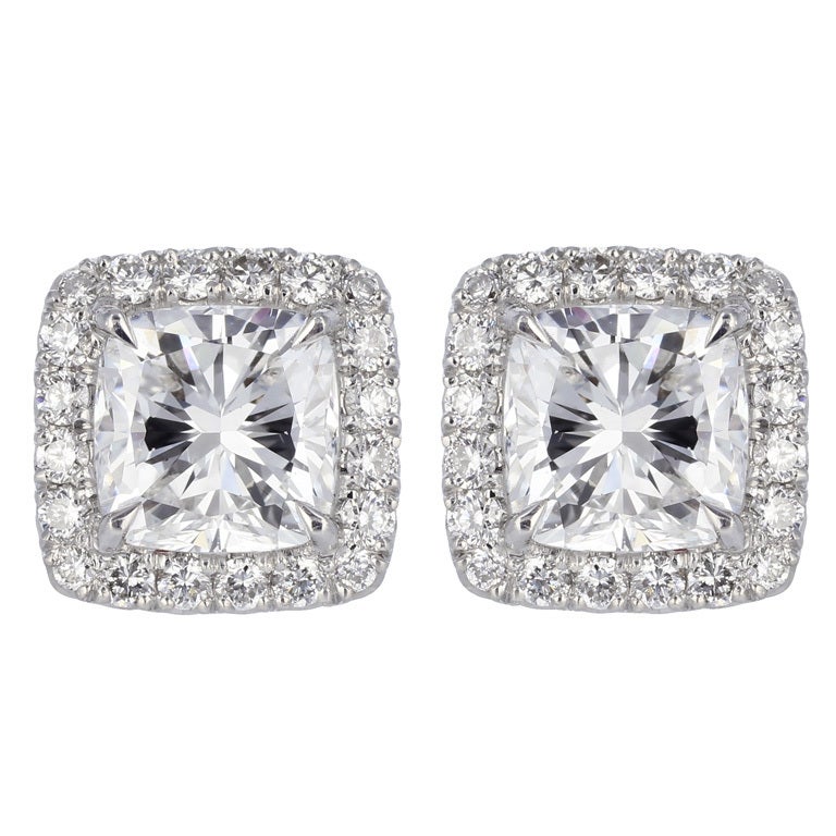 4.04ctw Cushion Cut Diamond Halo Style Stud Earrings