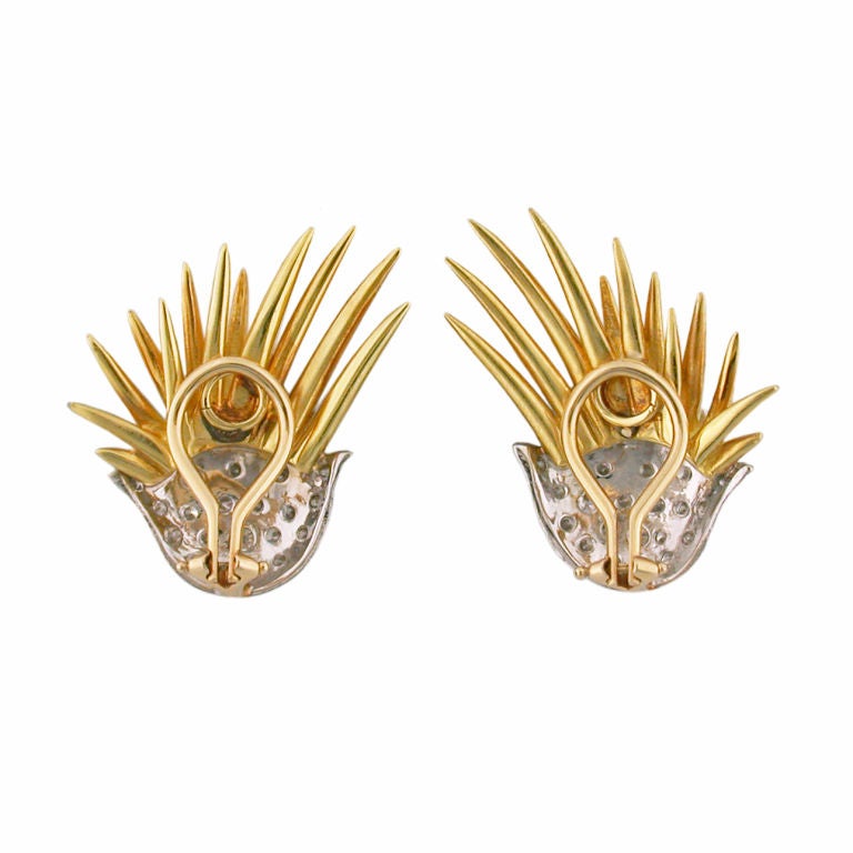 Diamond Gold Platinum Clip Wing Earrings For Sale at 1stdibs