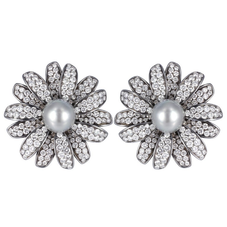 Diamond and Tahitian Pearl Daisy Earrings