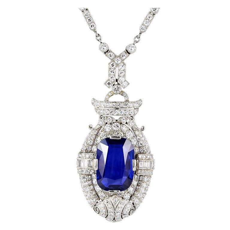 Edwardian Burma Sapphire, Diamond and Pearl Necklace at 1stDibs