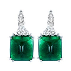 Colombian Sugar Loaf Cabochon Emerald and Diamond Earrings