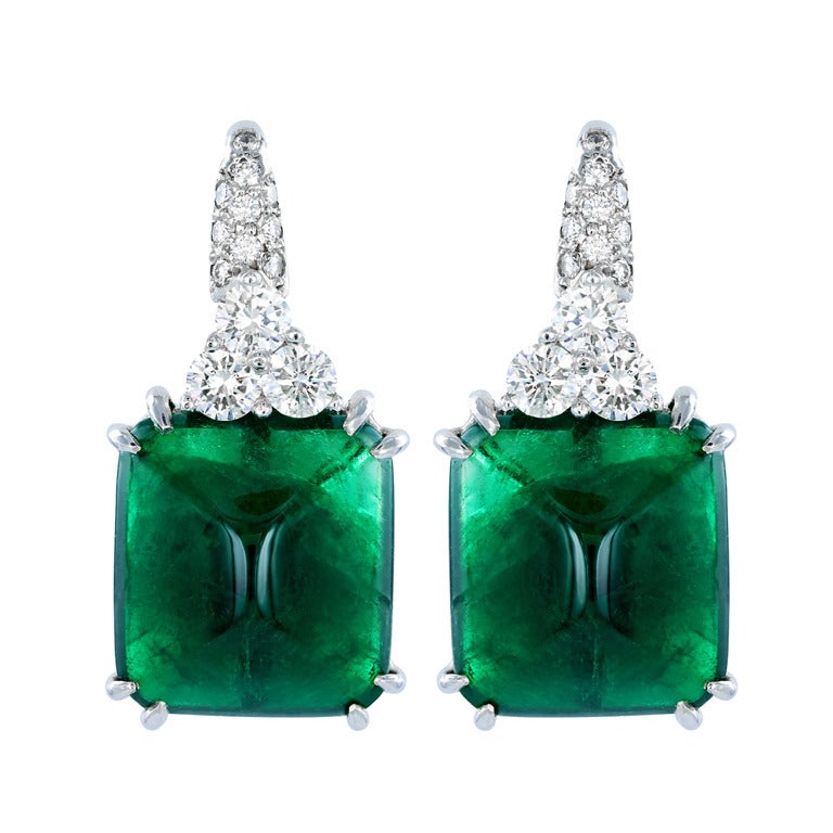 Colombian Sugar Loaf Cabochon Emerald and Diamond Earrings at 1stDibs