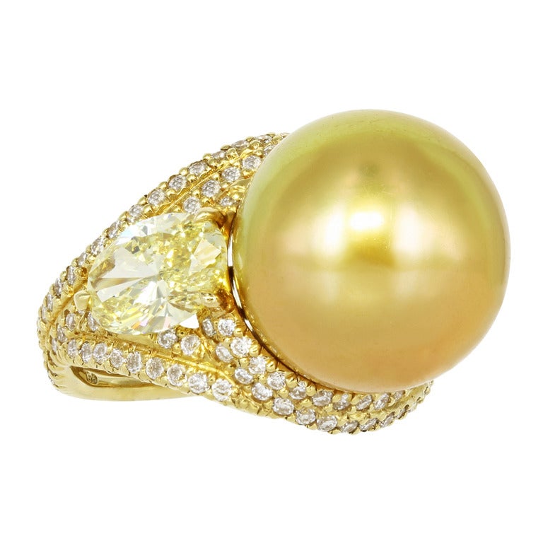 Yellow Diamond Golden South Sea Pearl Ring For Sale