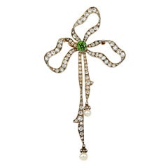 Edwardian Demantoid Garnet Pearl Diamond Bow Pin