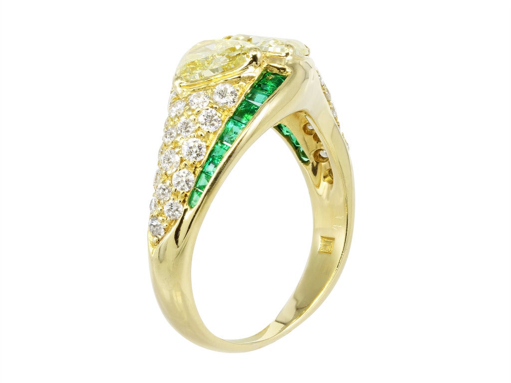 Heart Shape Yellow DIamond and Emerald Bypass Ring
