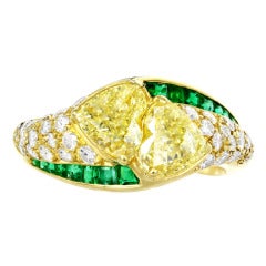 Heart Shape Yellow DIamond and Emerald Bypass Ring