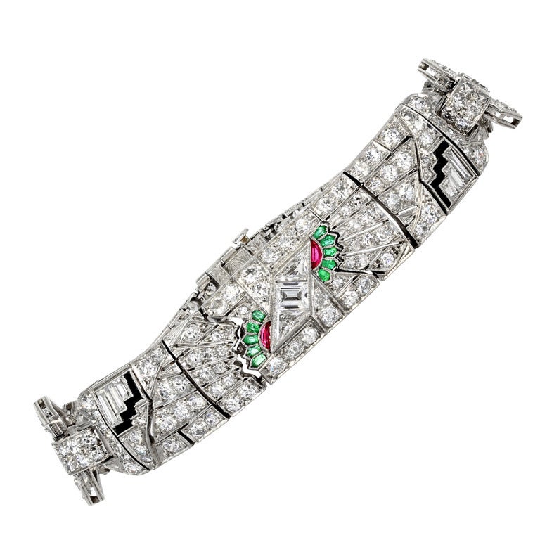 Art Deco Egyptian Revival Gem Set Diamond Platinum Flexible Bracelet