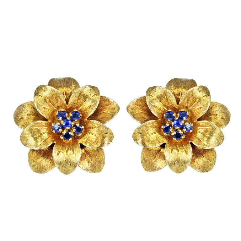 Tiffany & Co. Sapphire Gold Floral Earrings For Sale