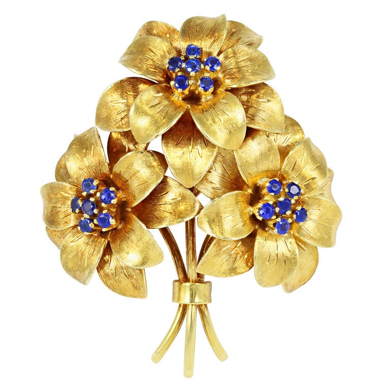 Tiffany & Co. Sapphire Gold Floral Pin For Sale