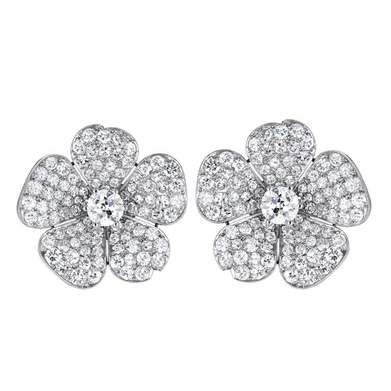 Diamond Platinum Flower Earrings For Sale