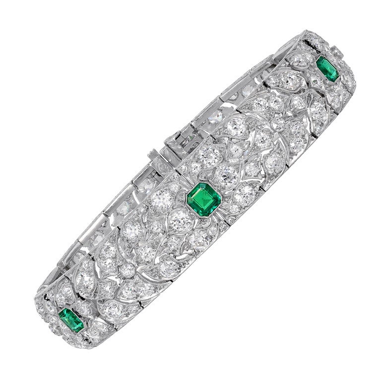 Art Deco Emerald Diamond Platinum Bracelet For Sale