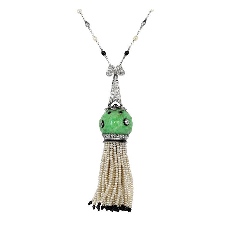 Edwardian Jade Pearl Diamond Tassel Necklace