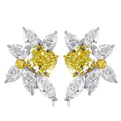Natural Yellow Diamond Gold Platinum Cluster Earrings