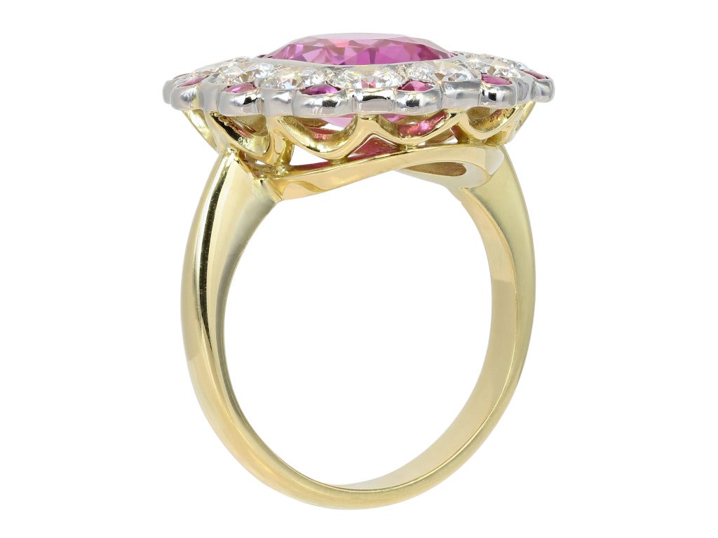 Pink Sapphire Diamond Cluster Ring In Excellent Condition In Chestnut Hill, MA