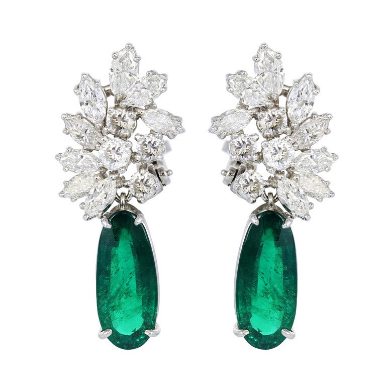 Columbian Emerald Diamond Cluster Drop Earrings at 1stdibs
