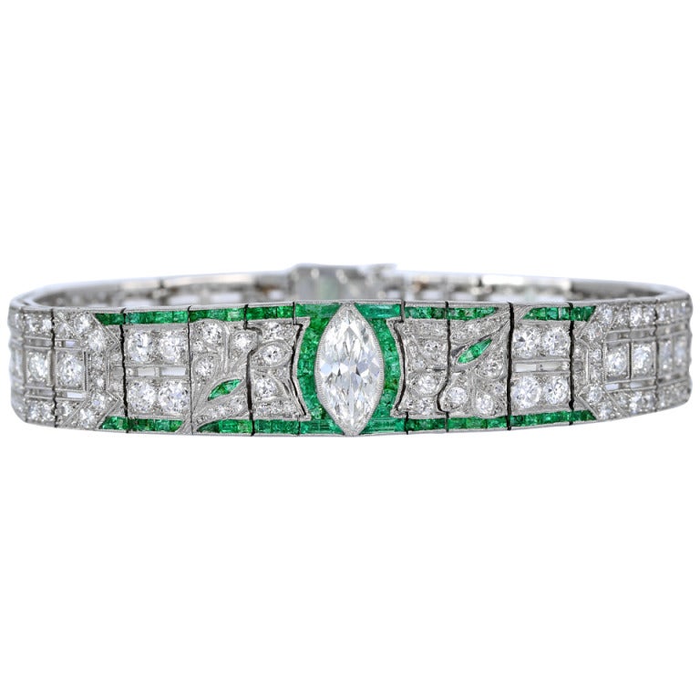 Art Deco Emerald Diamond Bracelet For Sale