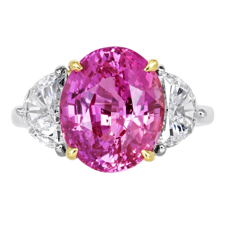 6.70 Carat Pink Sapphire Diamond Gold Platinum Three-Stone Ring
