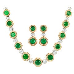 Emerald Diamond Platinum Necklace Earring Suite