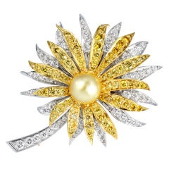Natural Yellow Diamond South Sea Pearl Floral Pin