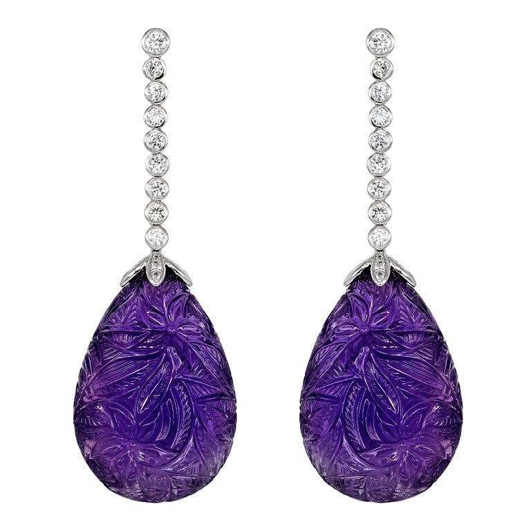 Floral Carved Amethyst Diamond Drop Earrings For Sale