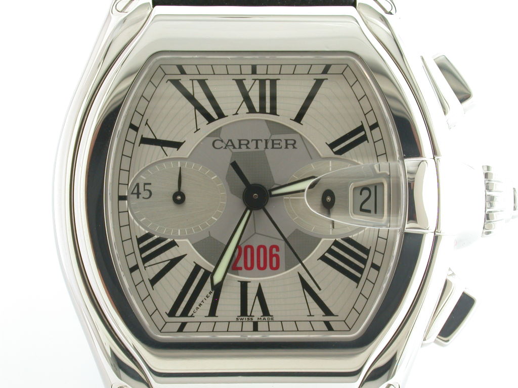 Rare watch for an avid collector. This Cartier stainless steel, Roadster Chronograph watch ,was made for Germany for the 2006 FIFA World Cup. The rare watch was made as a limited edition of 150 and this particular one is number 46. The Germans