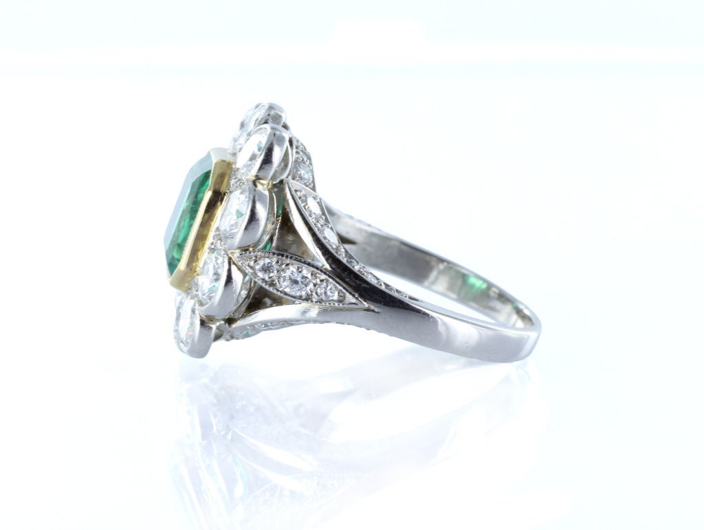 Women's Elegant 1.95 Carat Emerald Diamond Gold Platinum Cluster Ring For Sale