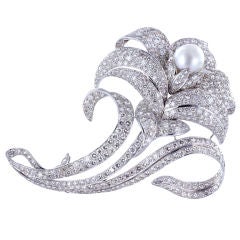 Striking 30ctw Diamond & South Sea Pearl Flower Brooch