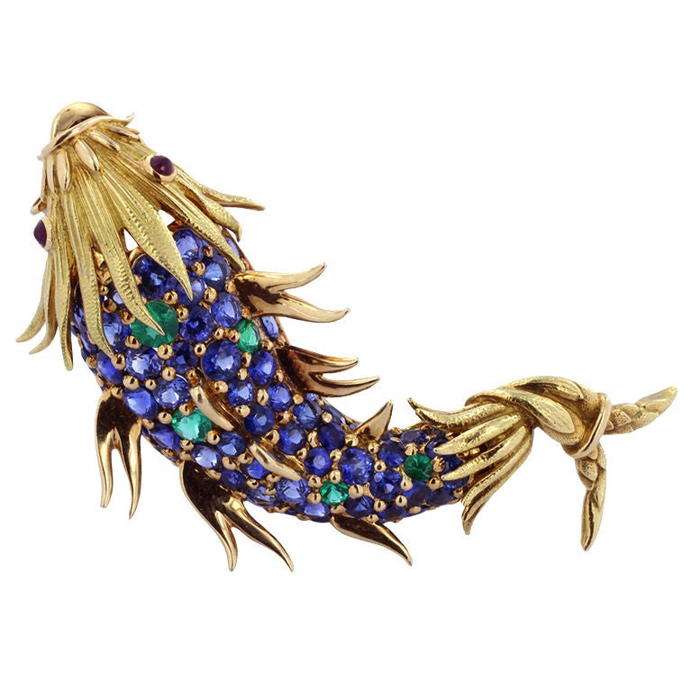 1960s Tiffany & Co. Schlumberger Sapphire Demantoid Fish Pin For Sale