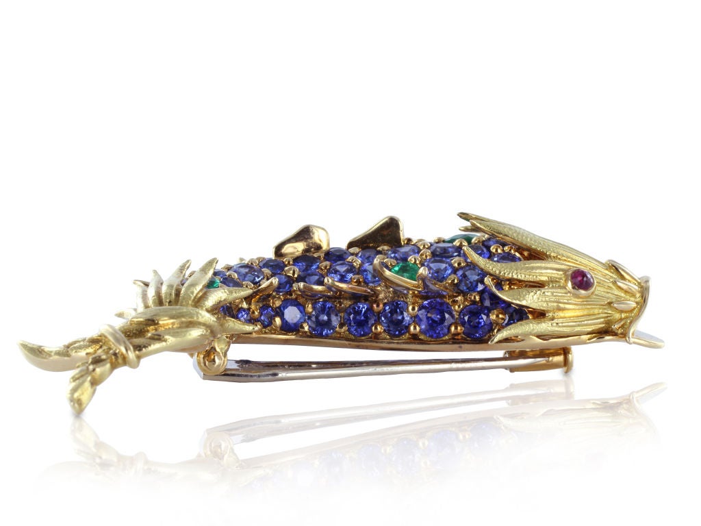 1960s Tiffany & Co. Schlumberger Sapphire Demantoid Fish Pin For Sale 1