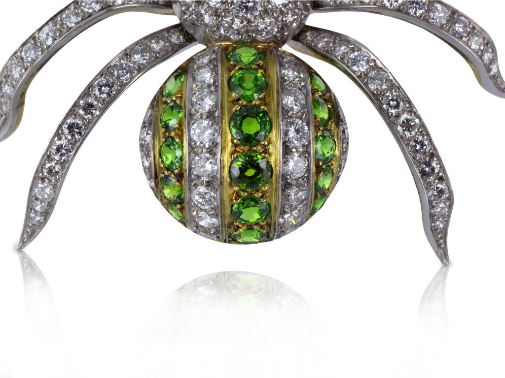 Unique Demantoid Garnet & Diamond Spider Pin In Excellent Condition For Sale In Chestnut Hill, MA