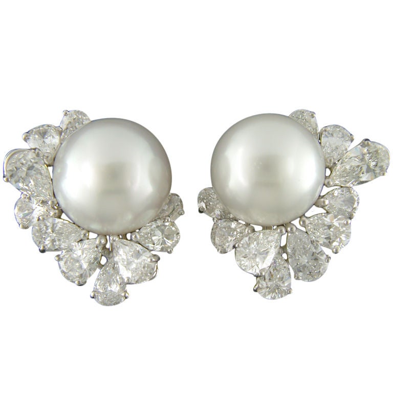 South Sea Pearl and Diamond Earrings at 1stdibs