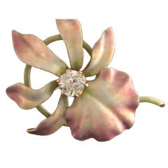 Art Nouveau Enamel Orchid Pin