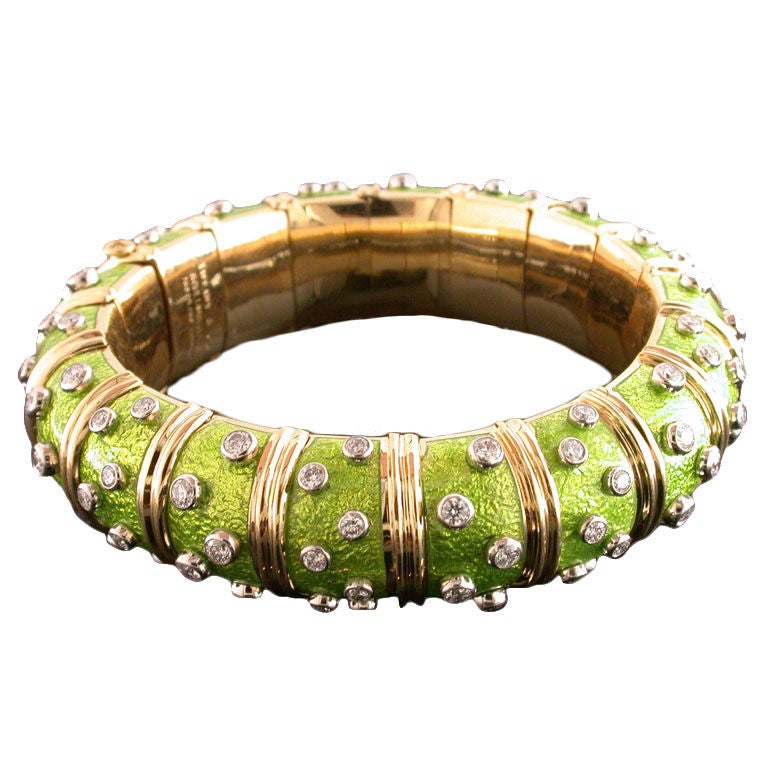 TIFFANY & Co SCHLUMBERGER Diamond Green Enamel Bangle Bracelet