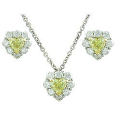 Canary Yellow Diamond Heart Earrings and Necklace
