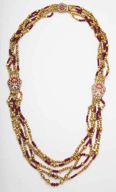 18KY CONTEMPORARY RUBY, DIAMOND & ENAMEL INDIAN  NECKLACE, MSRP $25,000.00, 100.40 dwt., 95.00ct., RUBY