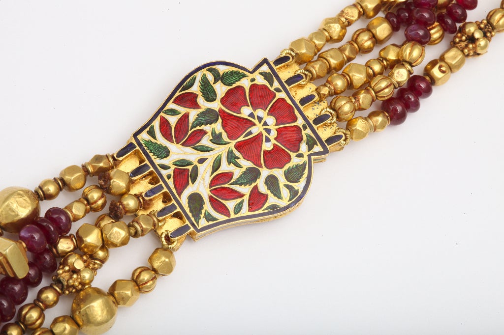 Contemporary Ruby Diamond and Enamel Indian Necklace For Sale