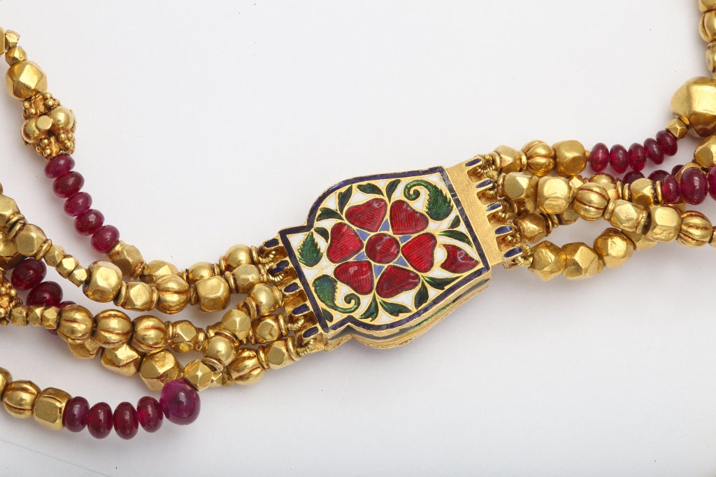 Women's Ruby Diamond and Enamel Indian Necklace For Sale
