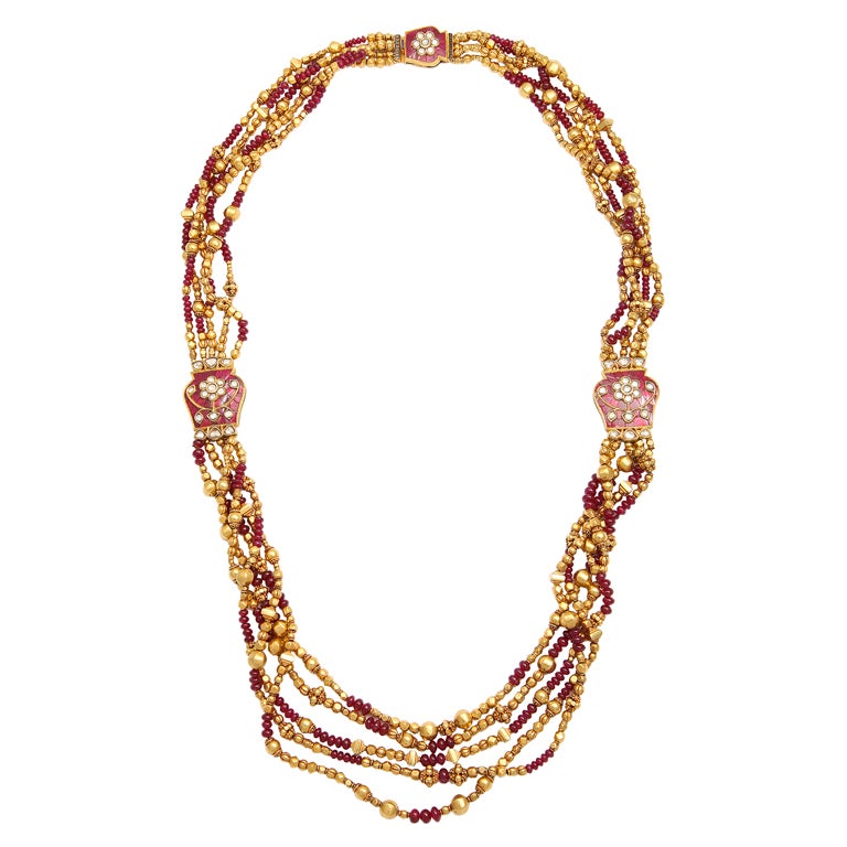 Ruby Diamond and Enamel Indian Necklace For Sale