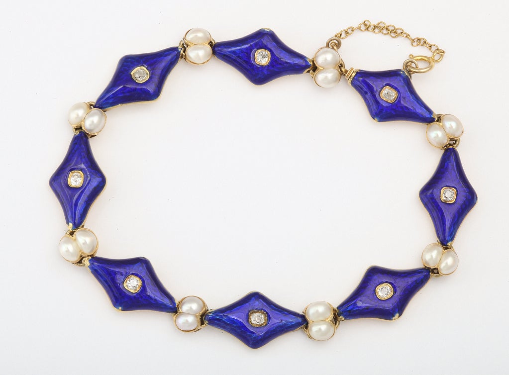 Victorian Blue Enamel And Pearl Diamond Bracelet For Sale