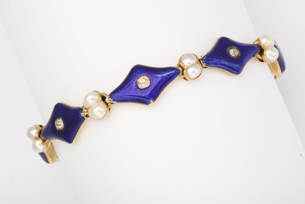 Blue Enamel And Pearl Diamond Bracelet In Excellent Condition For Sale In NY, NY
