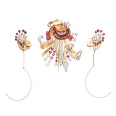 Gold, platinum And Ruby Brooch And Earring Set