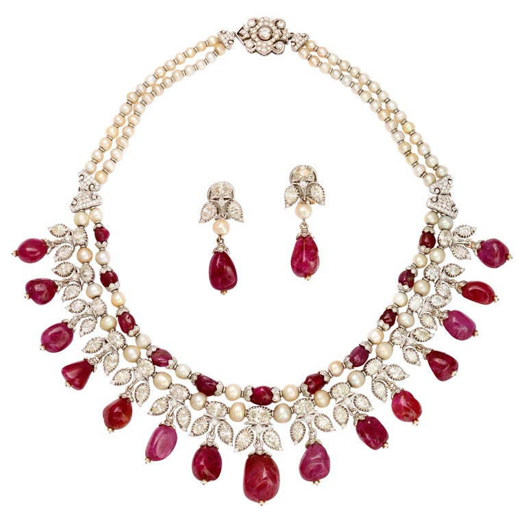 Ruby Diamond and Pearl Suite For Sale