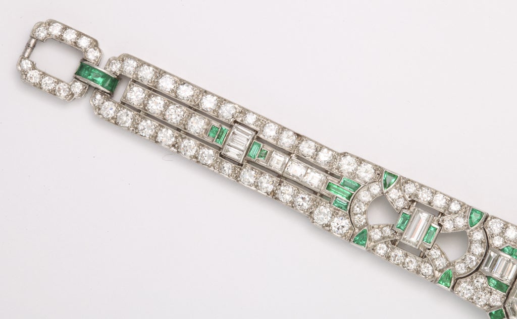 J.E. Caldwell Art Deco Emerald Diamond Platinum Bracelet In Excellent Condition In NY, NY